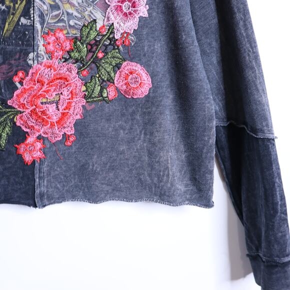 AFFLICTION Hysteria Graphic Hoodie Pullover Acid Black Embroidered Women's L - Picture 5 of 9